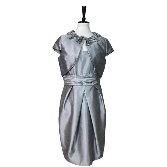 David’s Bridal NEW Cocktail Sheath Dress 2 Piece Jacket Silver Metallic Size 12 - Picture 1 of 15